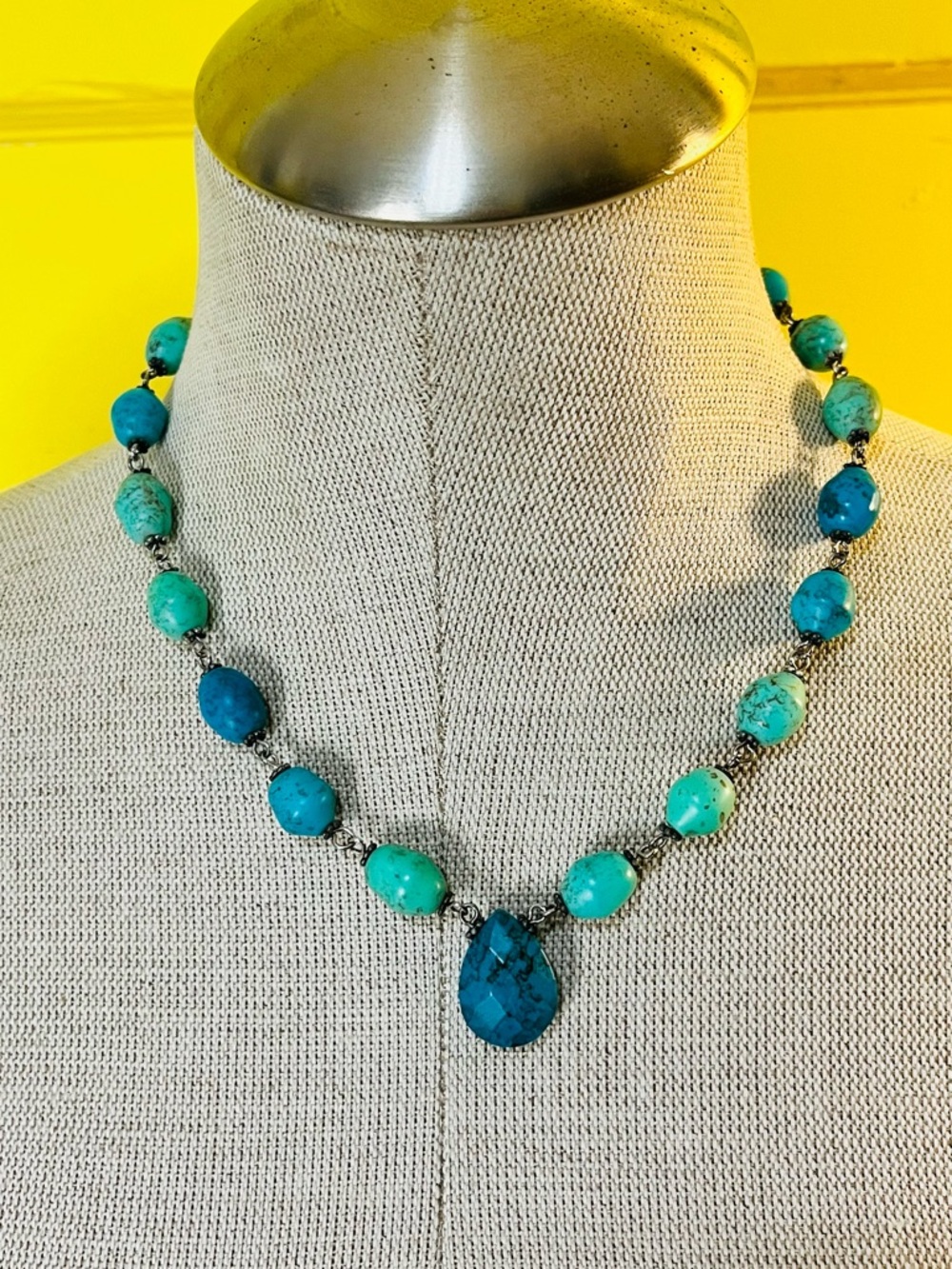 Turquoise Bead Necklace with Teardrop Pendant - Blue Green